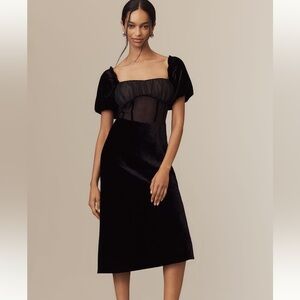 By Anthropologie (NEW) Puff Sleeve Mesh Velvet Midi Dress Black